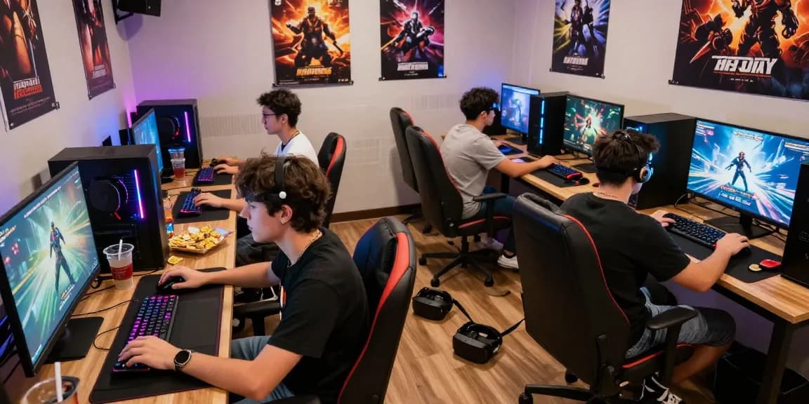 Friends enjoying an adult game in a vibrant gaming lounge with immersive visuals.