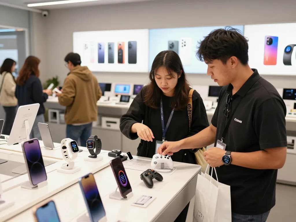 Shopper exploring must have tech gadgets in a vibrant electronics store.