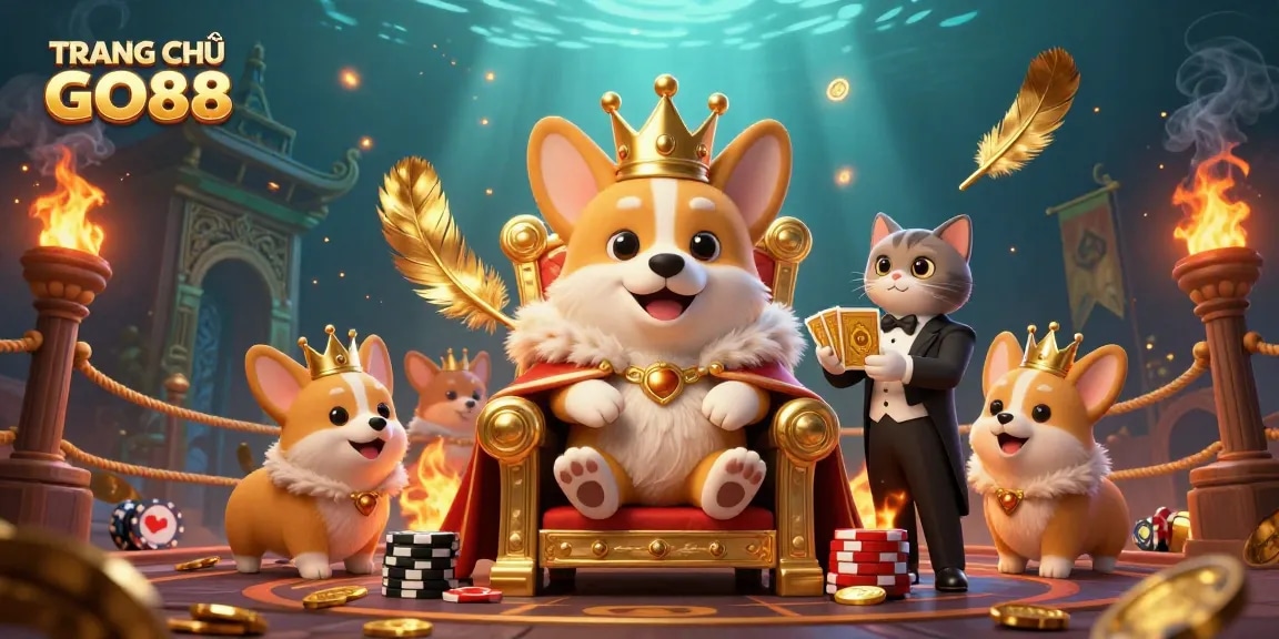 Engage with TRANG CHỦ GO88's vibrant gaming scene featuring a royal corgi and dynamic casino elements.