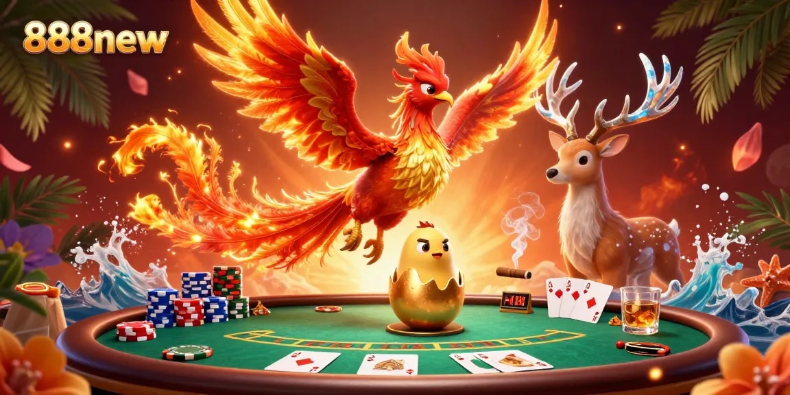 Experience vibrant gameplay with 888new, featuring a blazing phoenix soaring above the poker table.