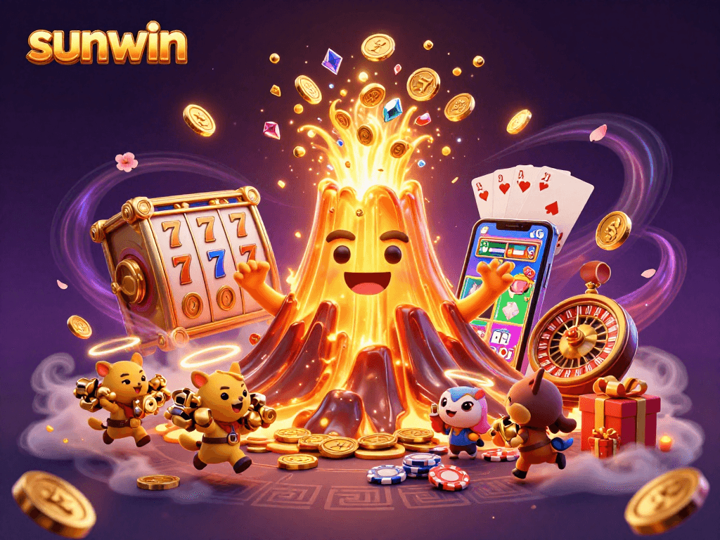 Experience thrilling wins with sunwin and a dazzling display of coins erupting from a golden volcano.