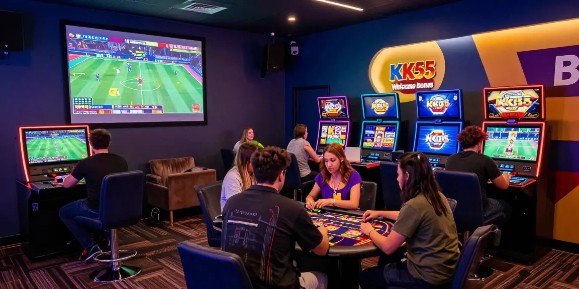 Exciting KK55 online gambling scene with diverse players engaged in gaming activities and vibrant atmosphere
