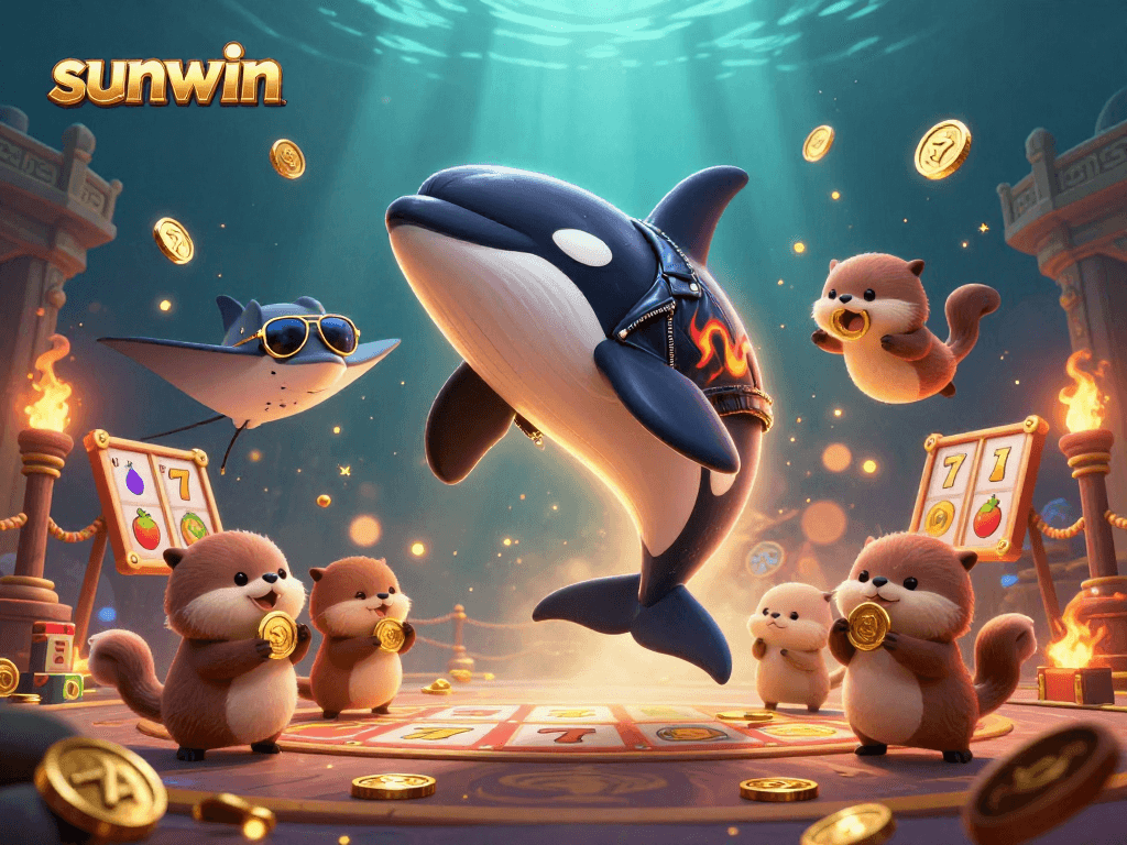 Experience thrilling moments with sunwin as the orca beats the slot reels, with gold coins scattered everywhere.