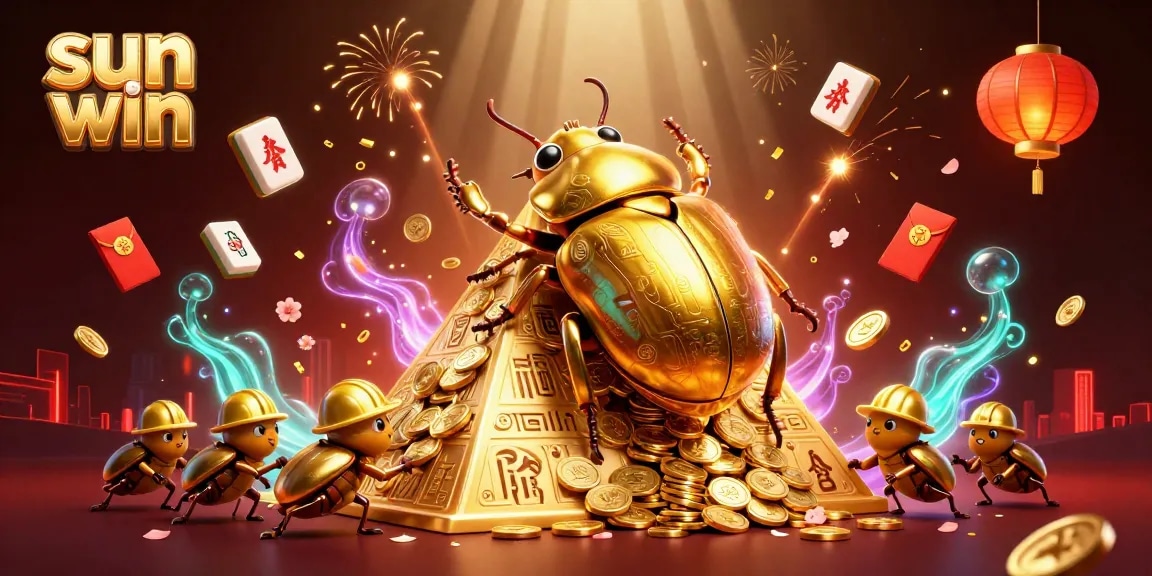 Experience sun win with vibrant casino-themed 3D illustration showcasing golden elements and dynamic characters.