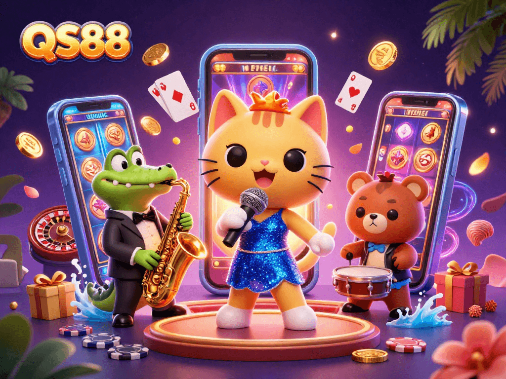 QS88 offers an exciting casino experience with vibrant characters and thrilling game elements.