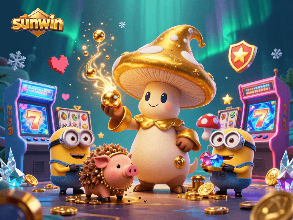 Engage with sunwin's gaming adventure featuring a golden wizard, truffle pig, and vibrant slot machines.