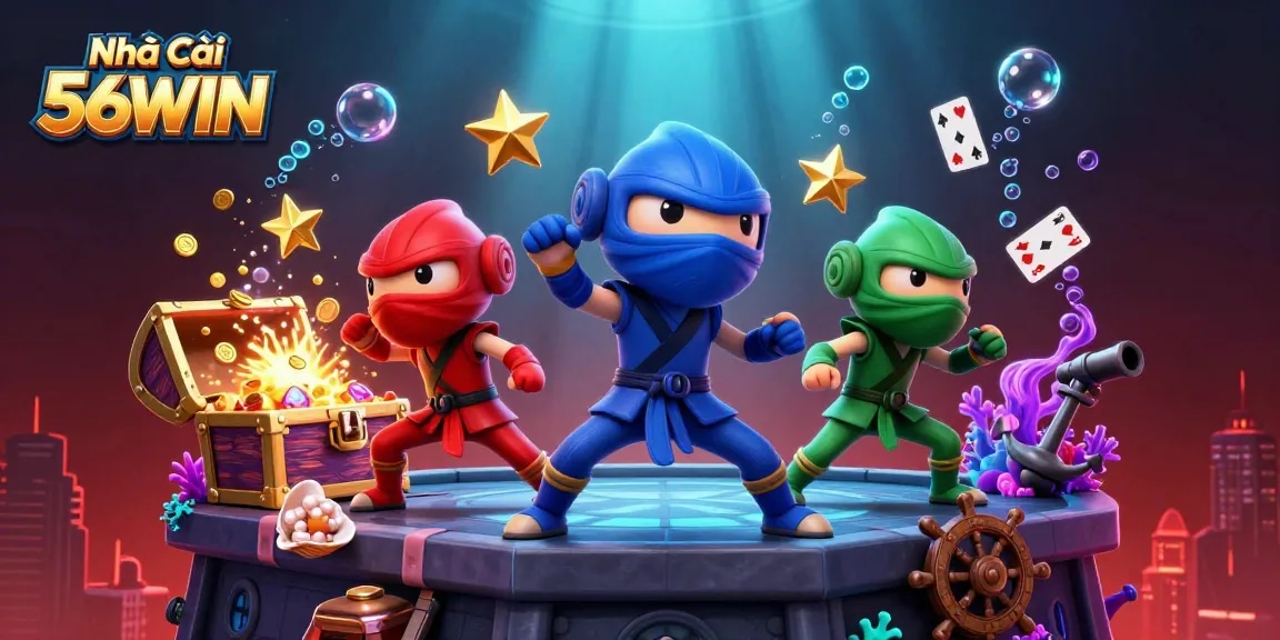 Engage with Nhà Cái 56WIN as ninja chameleons battle in a vibrant 3D casino scene.