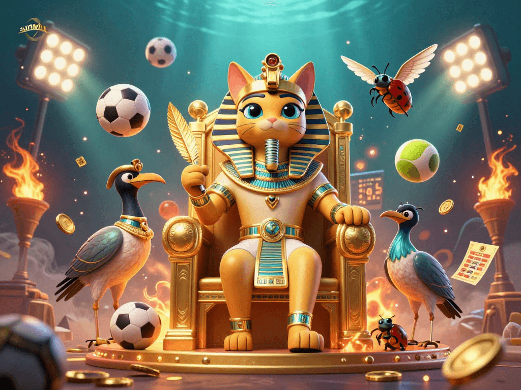 Engage with sunwin's thrilling sports betting scene featuring a pharaoh cat and dynamic elements.