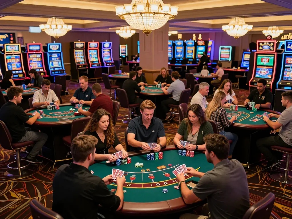 Players strategizing at tables in a lively casino showcasing the reliability of nhà cái 88bet.