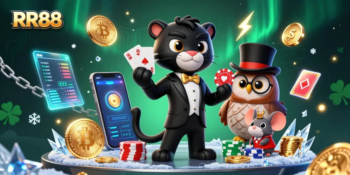 Experience the excitement of RR88 as the slick panther deals cards amid glowing crypto coins and poker elements.