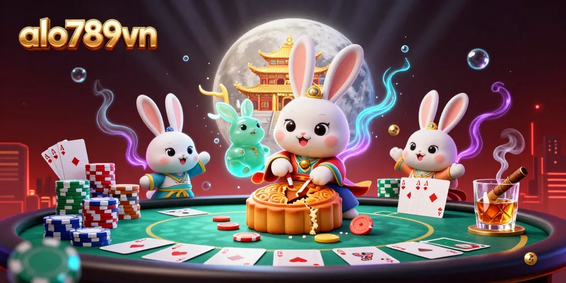 Bet on exciting games at alo789vn featuring 3D moon rabbits and poker elements.