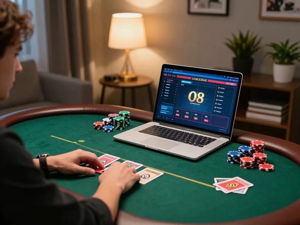 Player engaging in strategic online poker gaming with O8, surrounded by poker chips and cozy ambience.