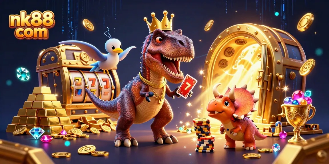 Engage with exciting moments at nk88 com, where a T-Rex shuffles cards surrounded by casino riches.