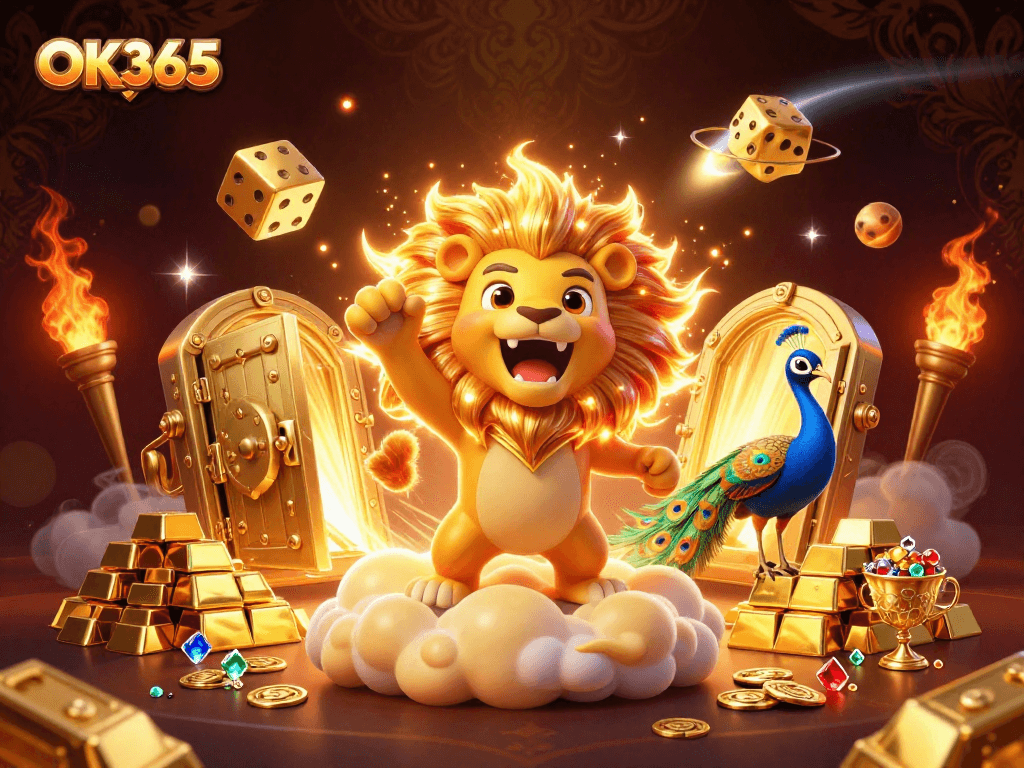 Join the fun at OK365 with a thrilling casino adventure featuring vibrant gold elements and animated characters.