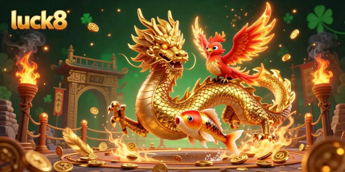 Win with luck8 in a dynamic scene featuring a golden dragon, phoenix, and koi fish amidst casino elements.