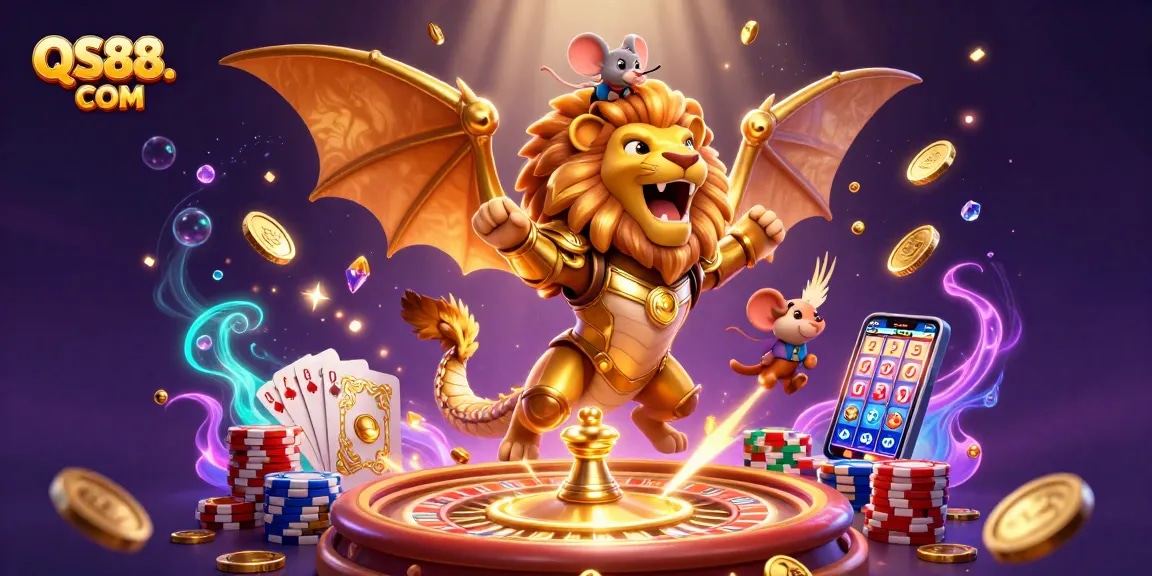 Catch exciting games at QS88. COM, featuring a roaring chimera and festive casino elements.