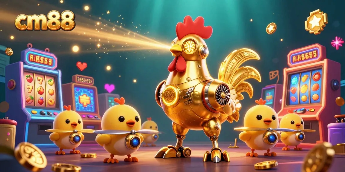 Engage with cm88's thrilling slot experience through vivid illustrations of a golden rooster robot and baby chick drones.