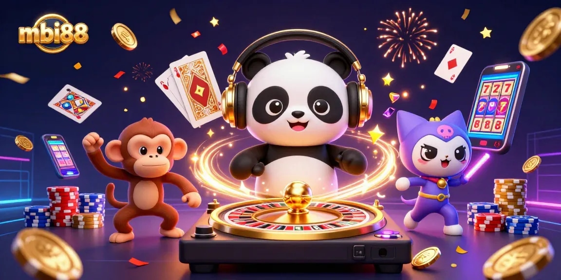 Experience thrilling gaming at mbi88, featuring a DJ panda and dynamic casino elements.