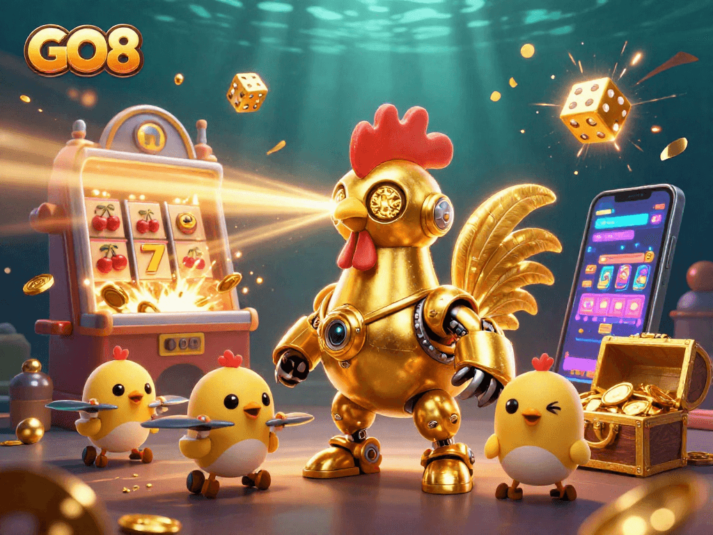 Engage with GO8's thrilling gaming adventure featuring vibrant casino elements and golden treasures.