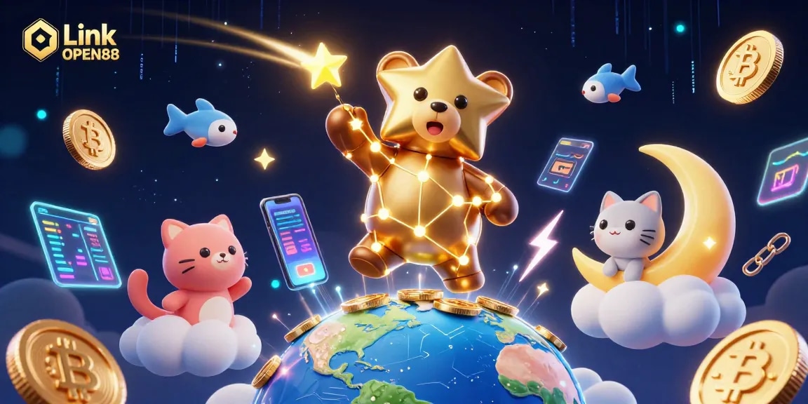 Link OPEN88 showcases an animated cosmic casino experience with dynamic cryptocurrency elements.
