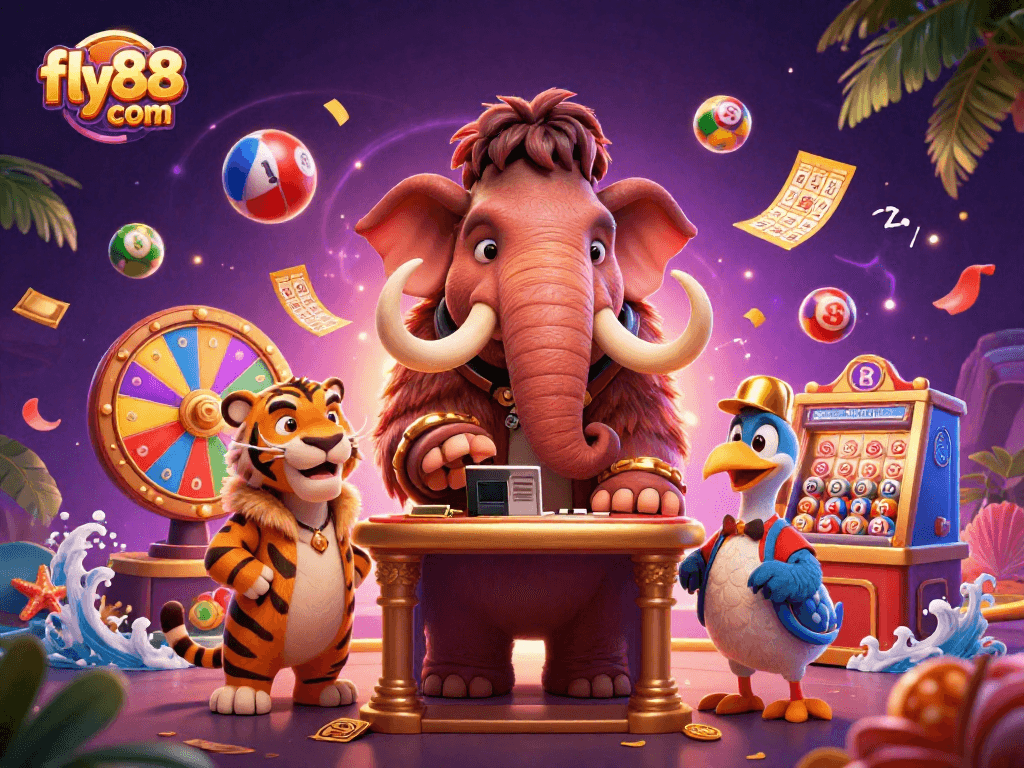 Experience the excitement at fly88 com with a colorful casino scene featuring animated characters and dynamic game elements.