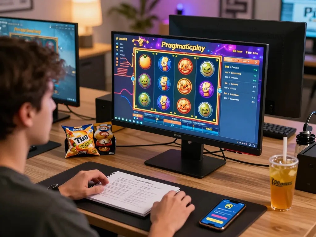 Gamer engaging with Pragmaticplay slot games on a desktop setup at home, showcasing animated reels.