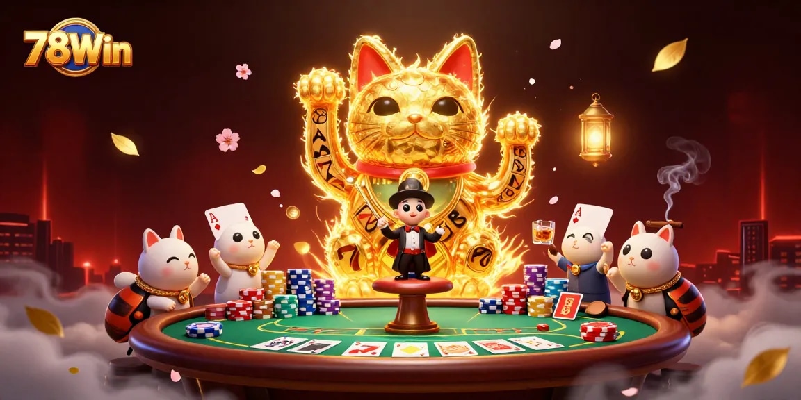 Engage with 78Win's captivating lucky cat among colorful casino symbols in a vibrant scene.