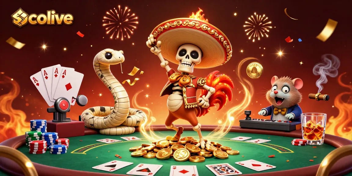 Socolive showcases an exhilarating victory dance scene with colorful characters celebrating massive poker wins.