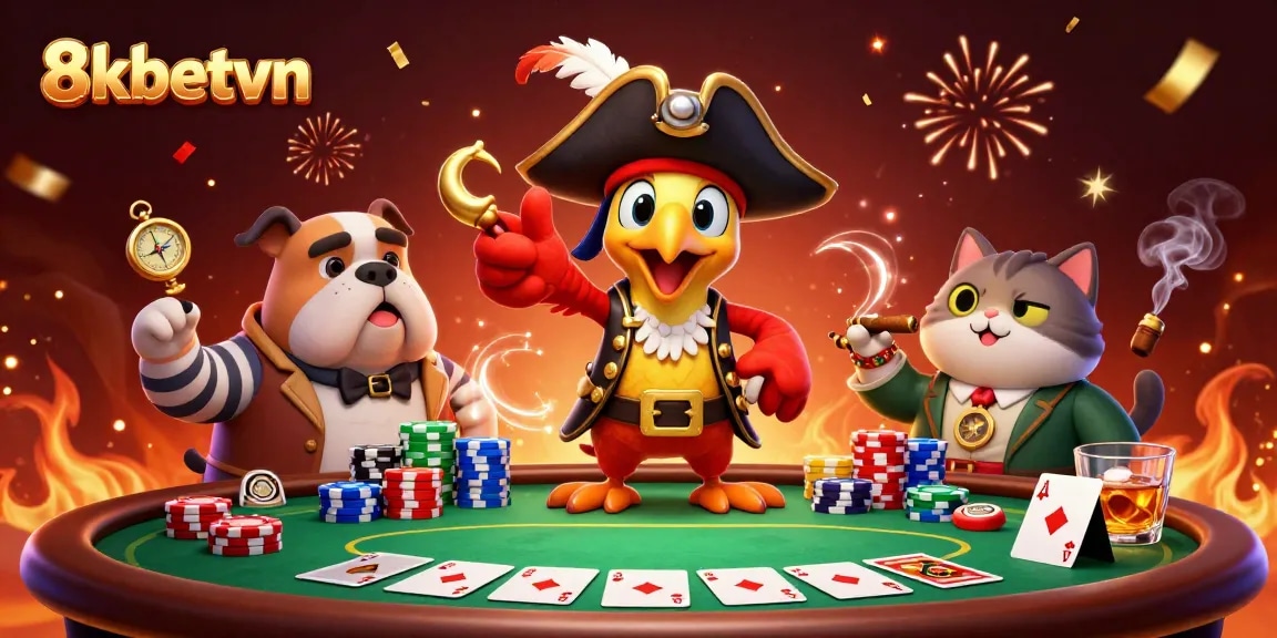 Experience thrilling poker action at 8kbetvn with vibrant casino characters and dynamic game elements.