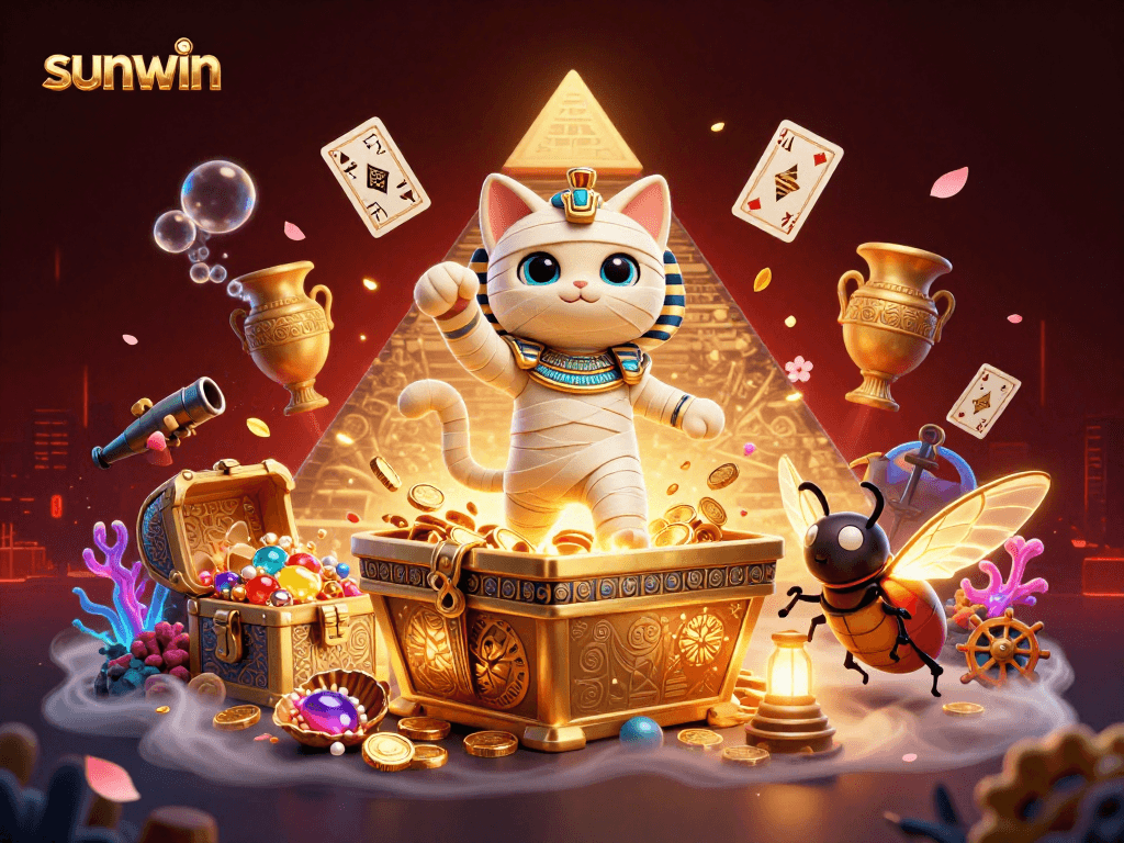 Win big with sunwin in a vibrant, detailed casino scene featuring ancient Egyptian themes.