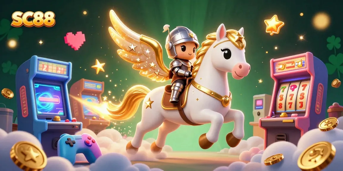 Experience thrilling gameplay at SC88 with a celestial horse and knight surrounded by colorful casino elements.