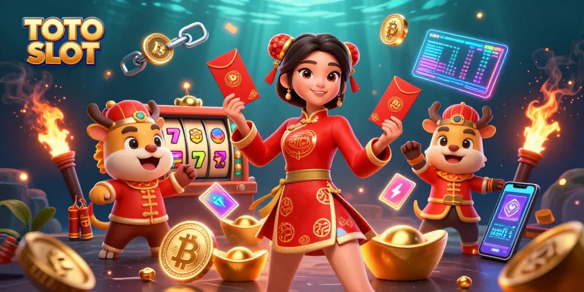 Engage with TOTO SLOT in this vibrant 3D illustration featuring an Asian woman celebrating Lunar New Year amidst colorful game elements.