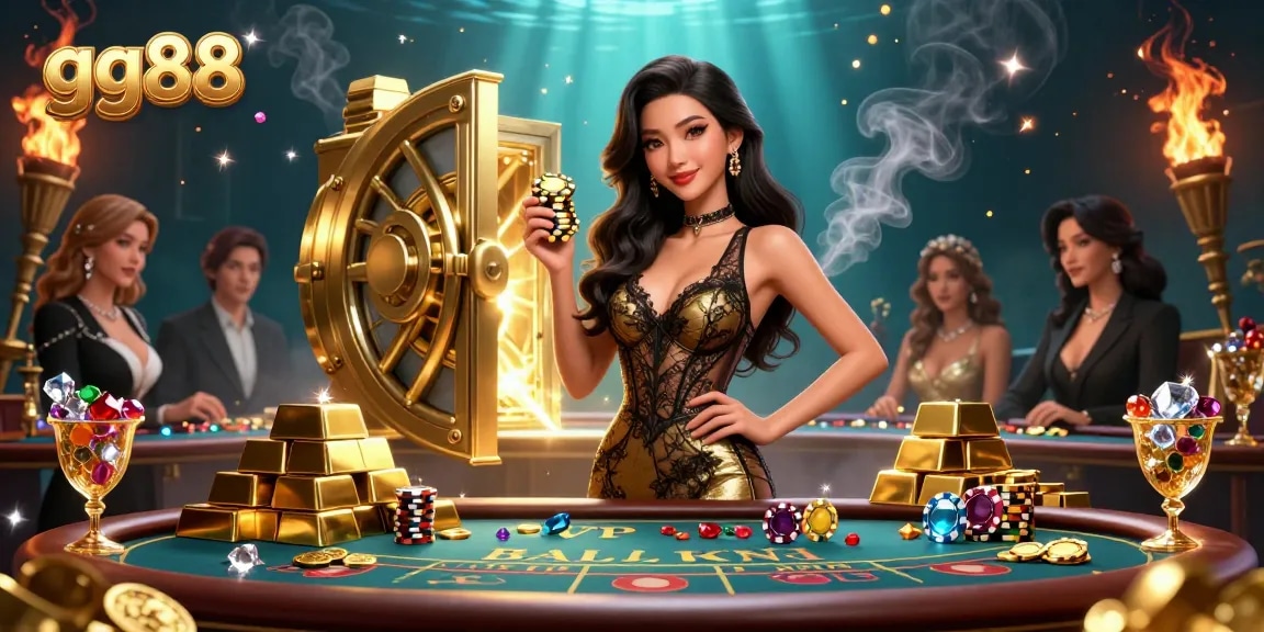 Engage in the glamorous gaming experience with gg88 at a VIP baccarat table surrounded by lavish casino elements.