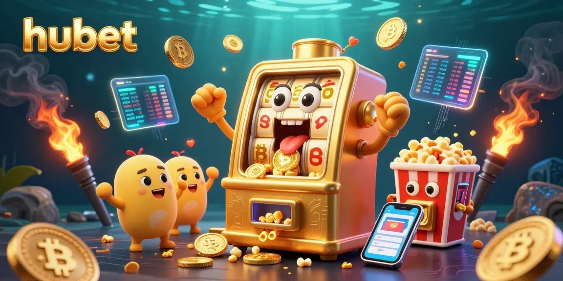 Experience excitement at hubet with cartoon slot machines celebrating a jackpot in a vibrant casino scene.