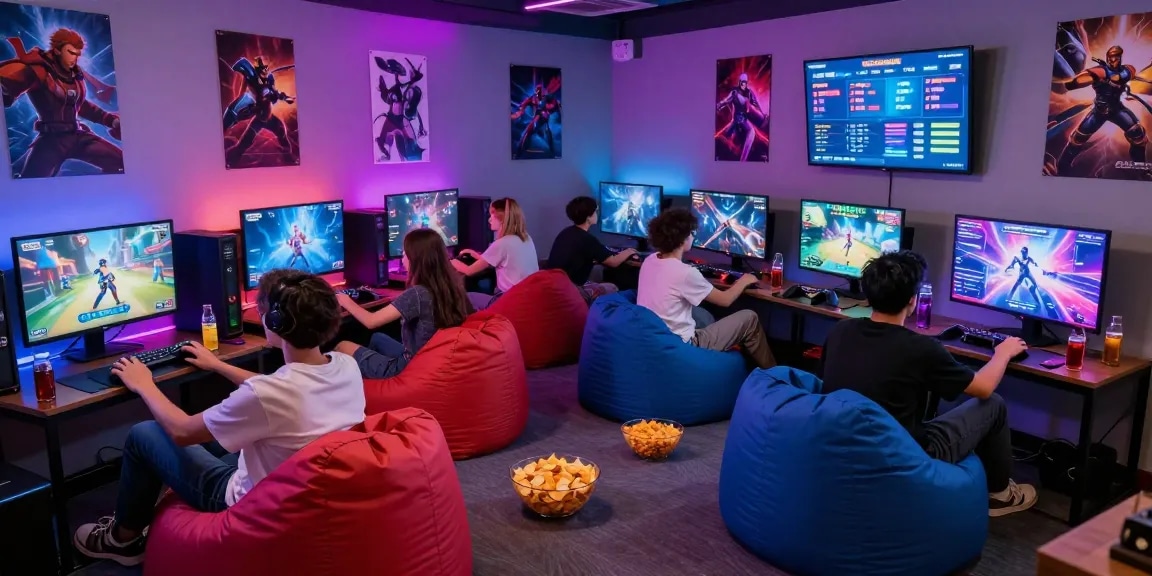 Group enjoying an NSFW game night in a vibrant gaming lounge.