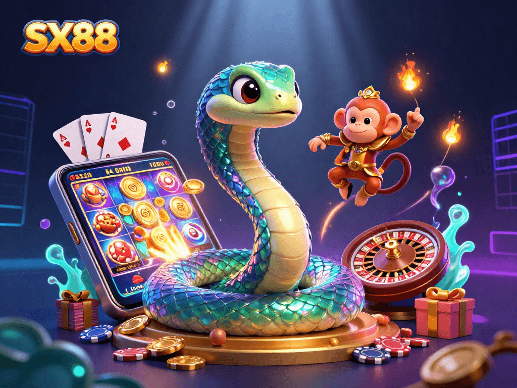 SX88 illuminates thrilling slot action through a vibrant scene featuring a colorful serpent and playful monkey king.