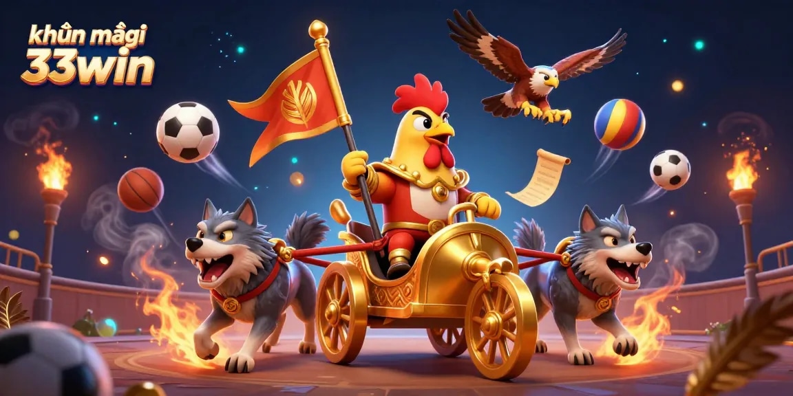 Experience excitement with khuyến mãi 33win featuring a dynamic rooster warlord and sports elements.