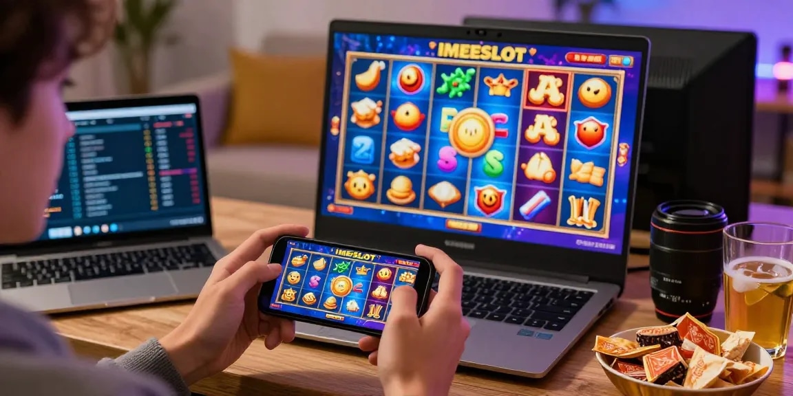 Pengguna IMEISLOT bermain slot online menggunakan smartphone di ruangan nyaman.