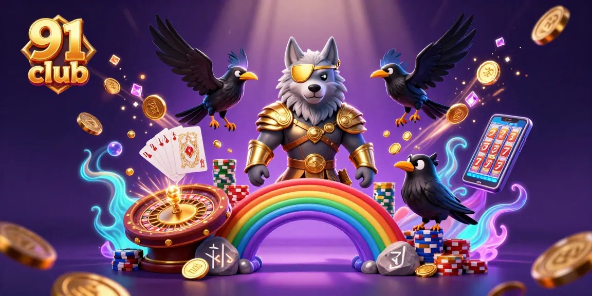 Engage with 91 club in this dynamic scene featuring Odin and ravens amidst casino elements.
