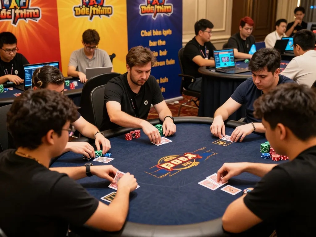 Exciting gameplay of game bài đổi thưởng showcased at an online poker event, with players fully engaged and colorful banners in the background.