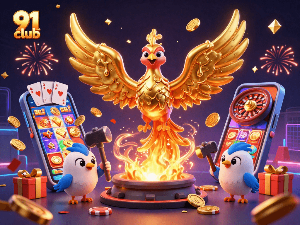 Engage in thrilling games at 91 club with the winning golden phoenix illustration.