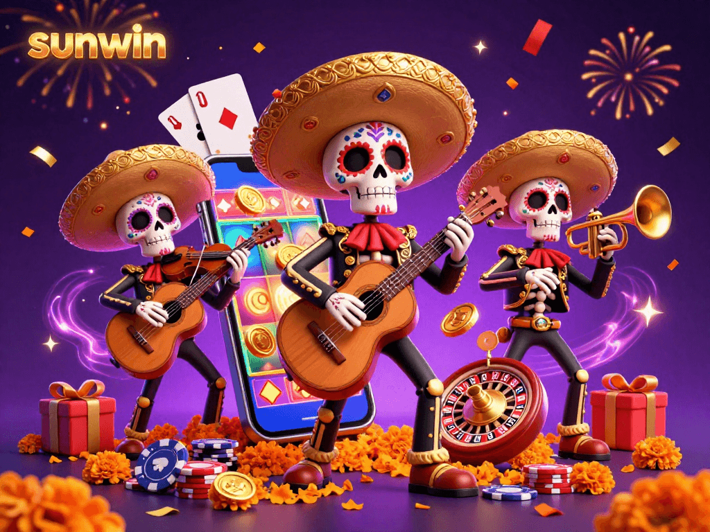 Experience the vibrant world of casino gaming with sunwin, featuring lively Day of the Dead mariachis and slot games.