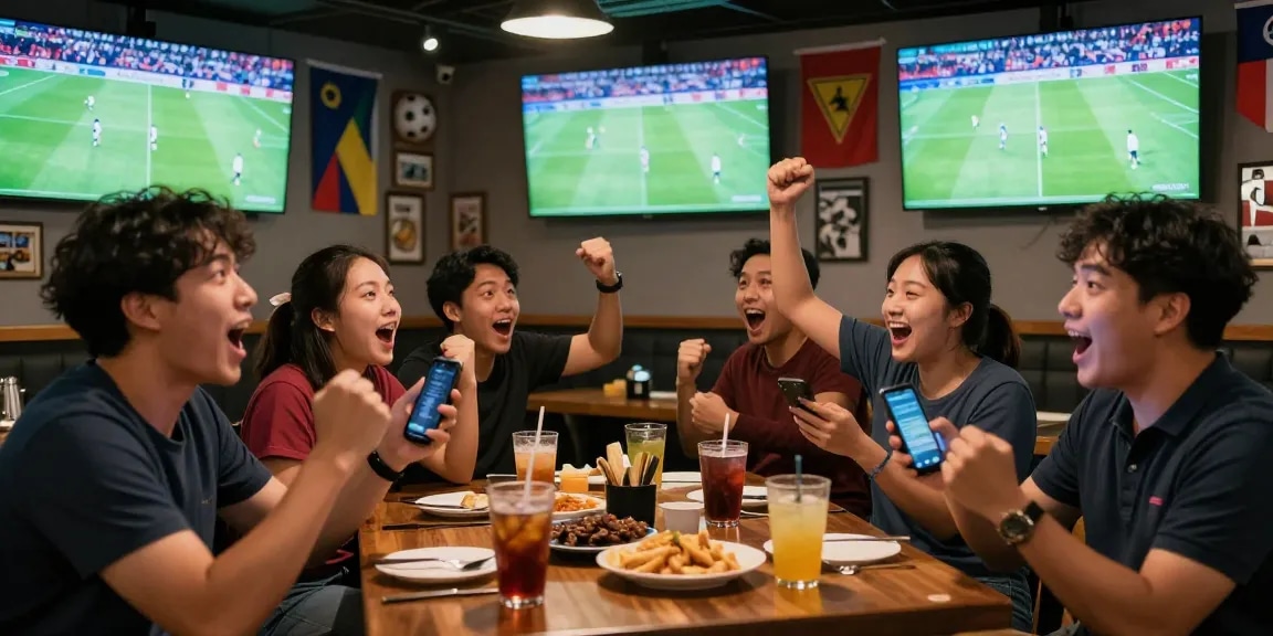 Excited fans engaging in football betting Malaysia in a lively sports bar during a match.