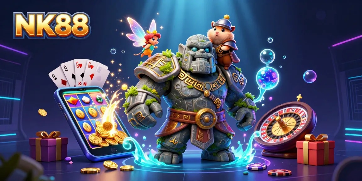Spin to win at NK88 with a vibrant virtual casino scene featuring magical characters and gaming elements.