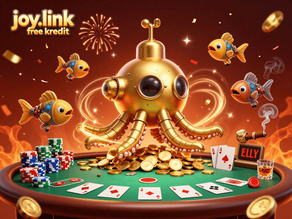 Experience joy.link free kredit with a vibrant poker scene featuring a cartoon kraken, chips, and festive confetti.