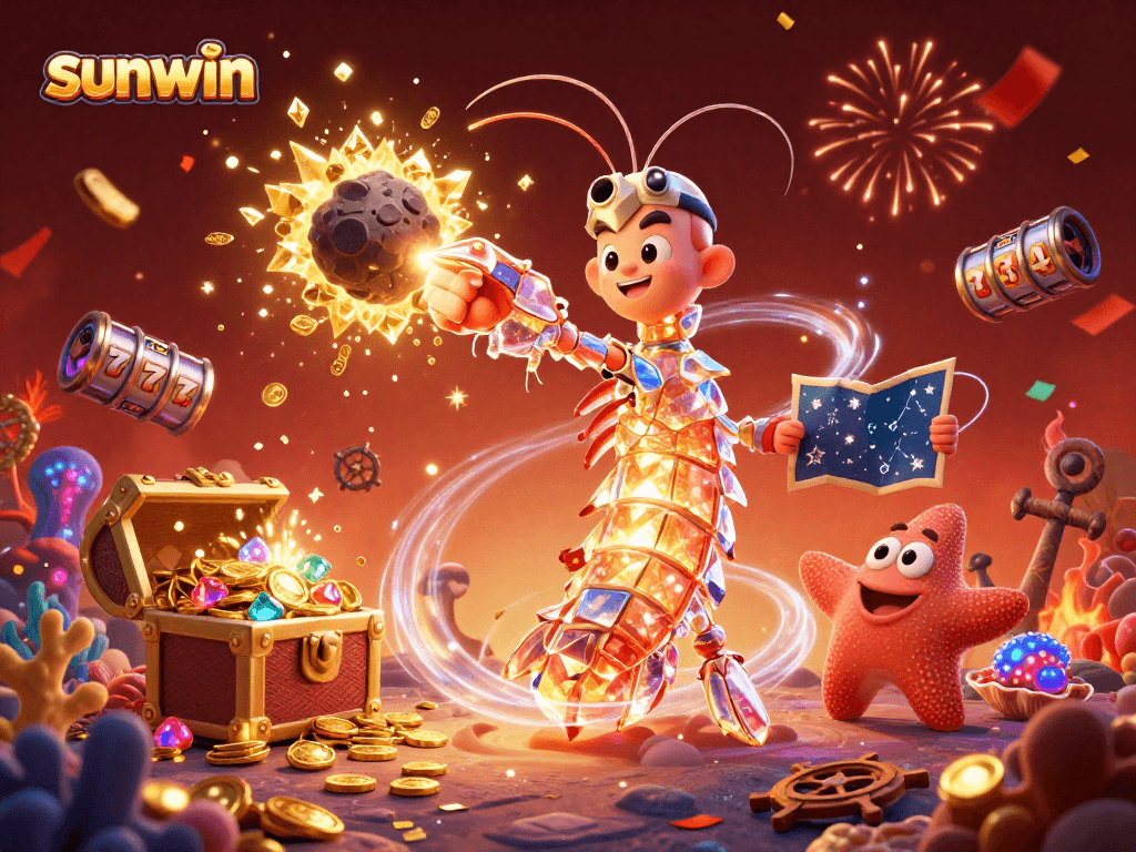 Experience the excitement of sunwin as the mantis shrimp conquers platforms filled with gems and treasures.