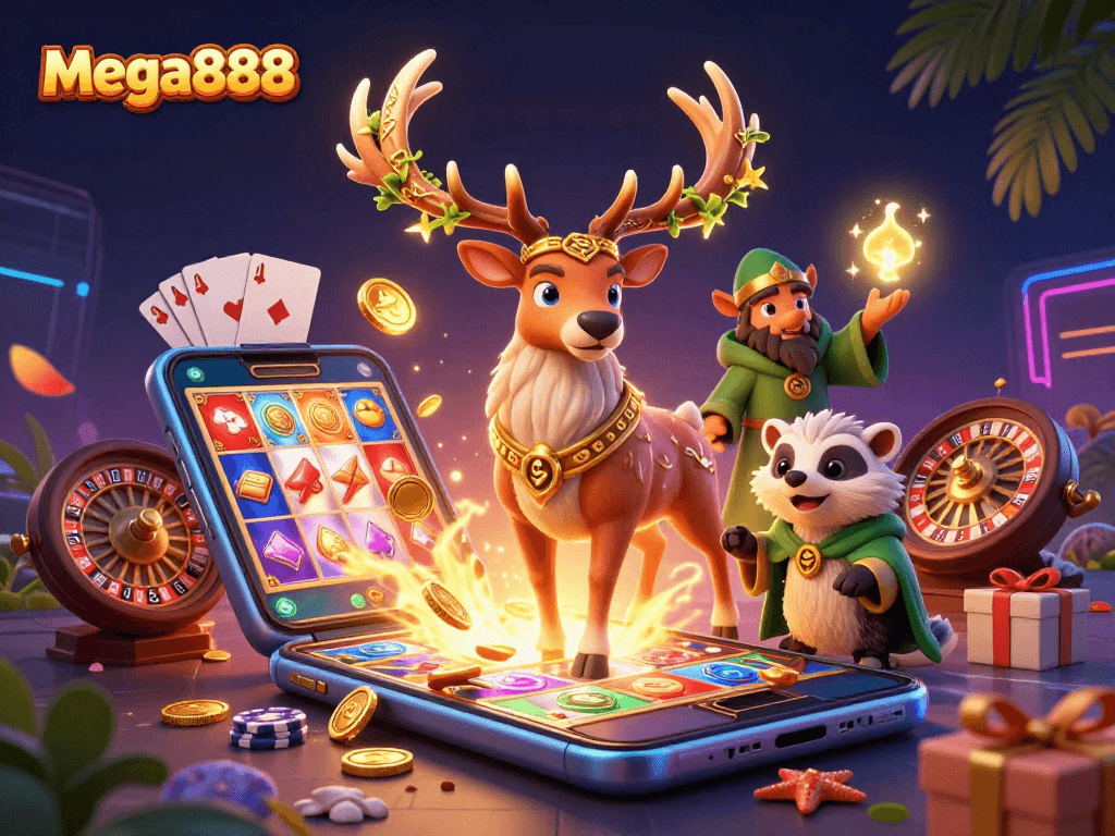Mega888 permainan dalam talian dengan simbol slot berwarna-warni dan animasi menarik, menarik perhatian pemain.