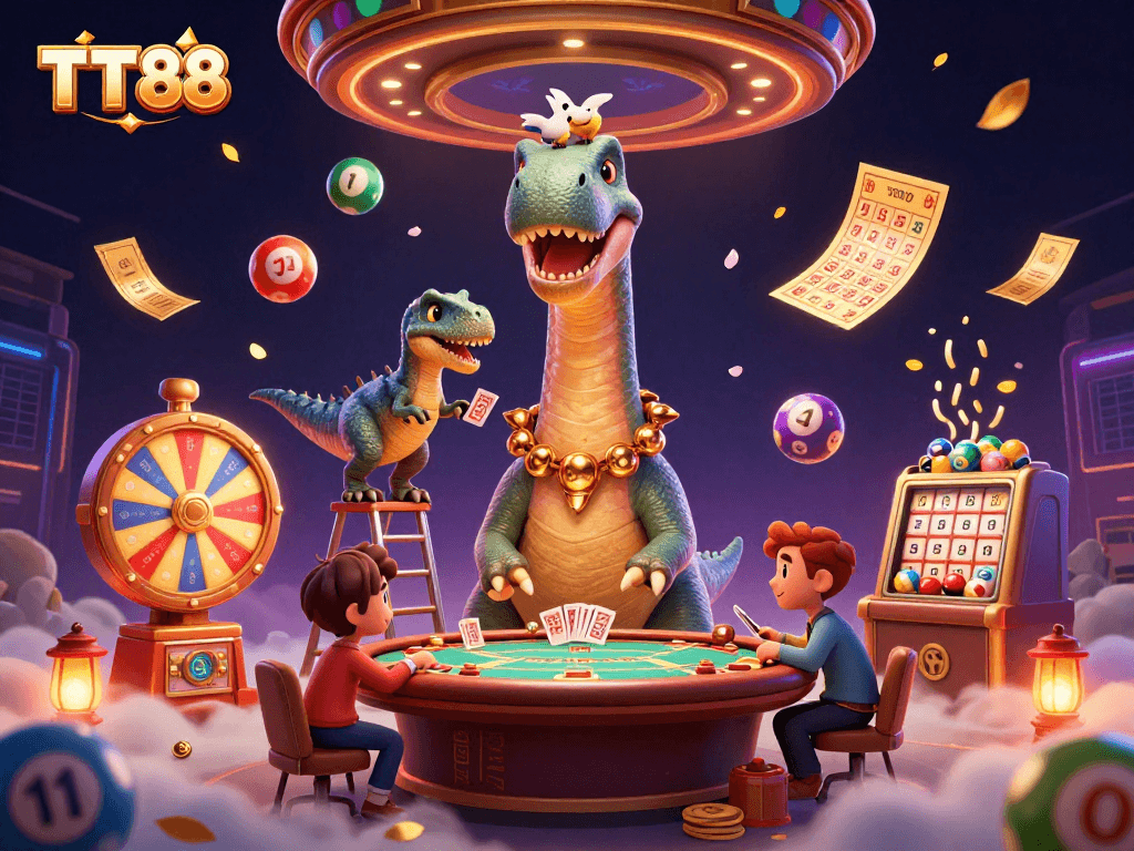 Join the fun at TT88 as the cartoon brontosaurus watches a clever raptor dealing cards!