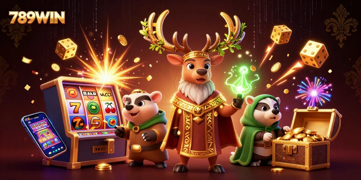 Engage with 789WIN's immersive casino experience showcasing a whimsical druid and badger amidst jackpot excitement.