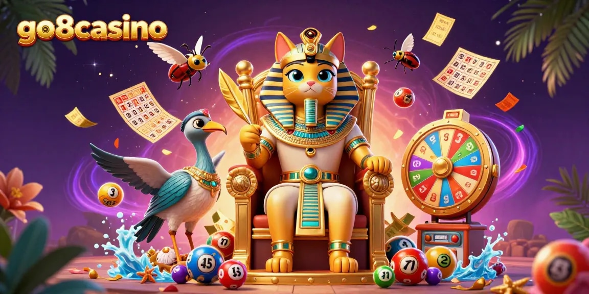 Experience excitement with go8casino, featuring a golden throne and dynamic casino elements.